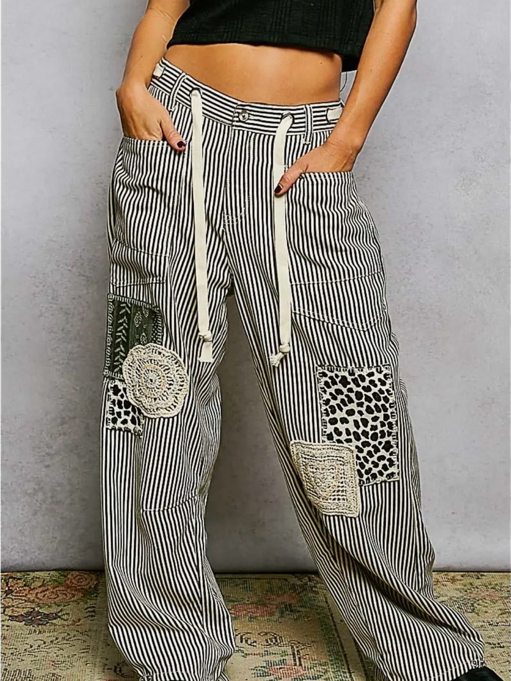 🤗 POL-Striped Boho Patchwork Wide-Leg Pants - Black & White